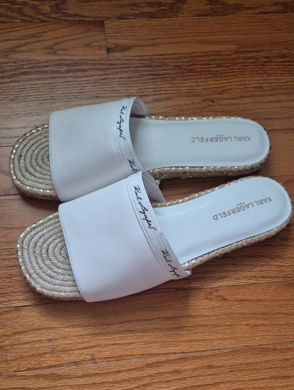 Karl Lagerfeld White Slide Espadrille Mules with Script Trim, size 9,5 NWOB